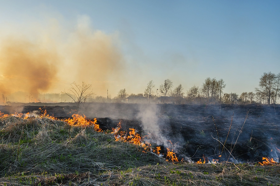 Desert landscape with the remnants of a burn pit emitting toxic smoke